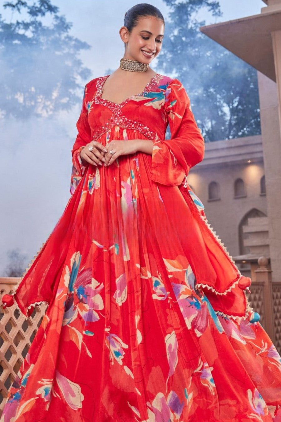 Bright Orange Floral Printed Chinon Silk Anarkali Set