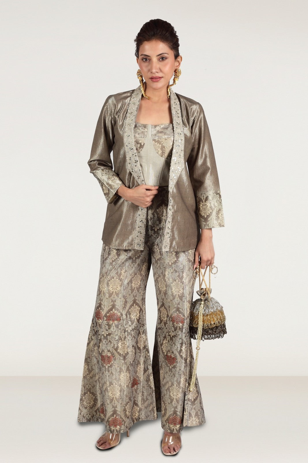 Metallic Beige Embellished Premium Silk Palazzo Set