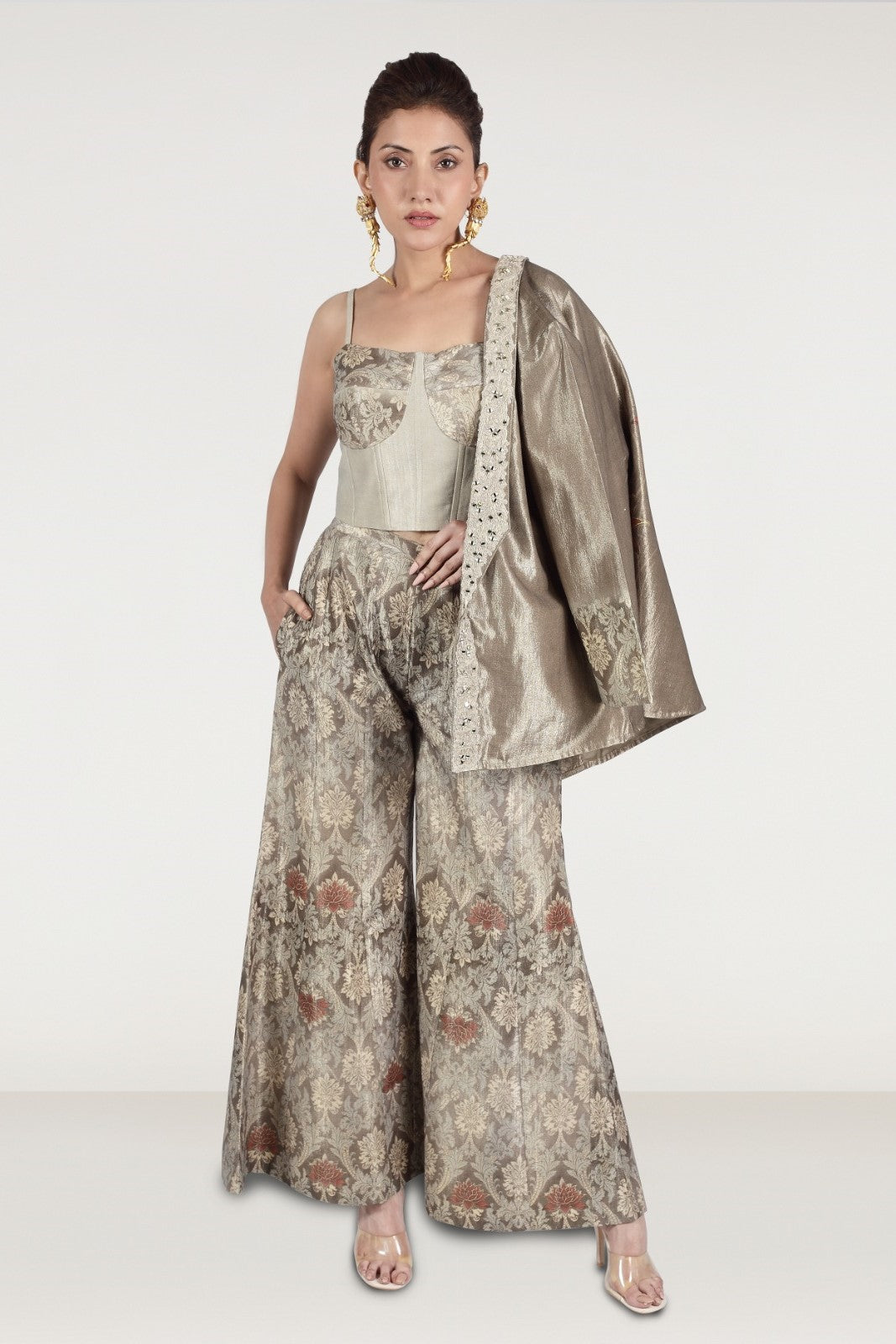 Metallic Beige Embellished Premium Silk Palazzo Set