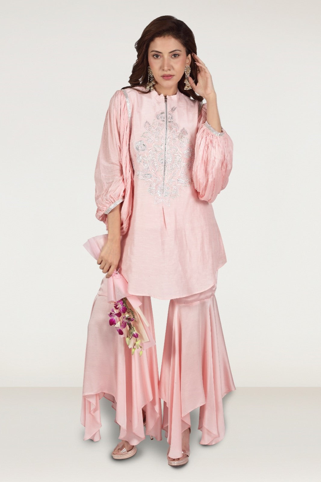 Glam Pink Embellished Satin Silk Sharara Set