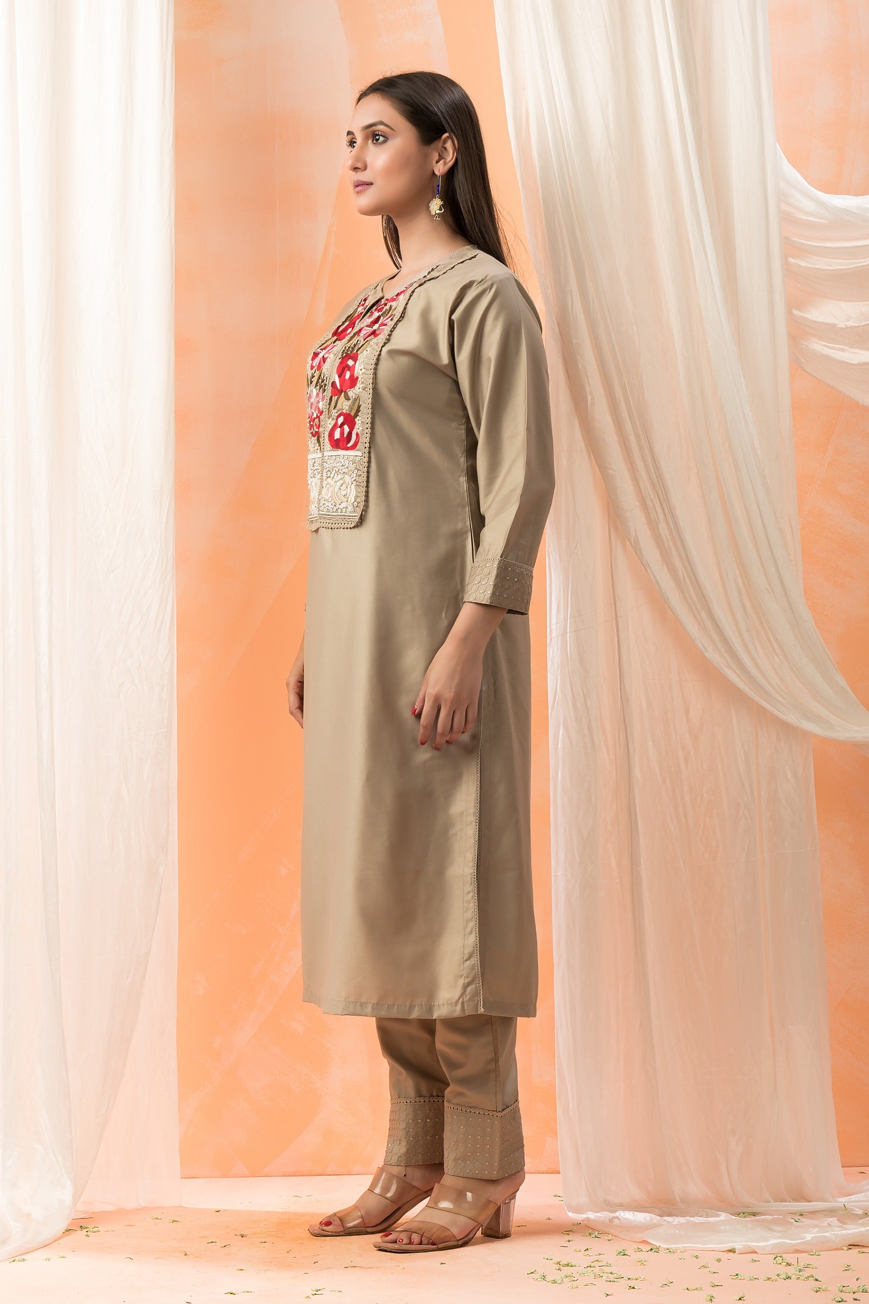 Beige Embroidered Premium Silk Kurta Pants Set