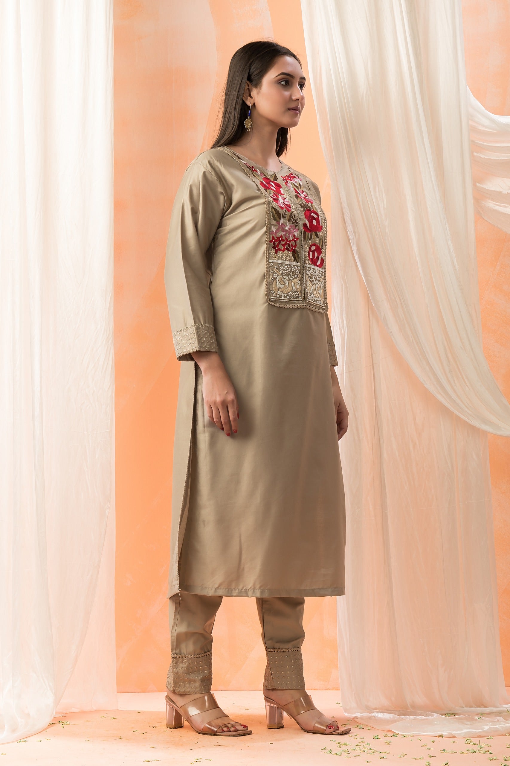 Beige Embroidered Premium Silk Kurta Pants Set