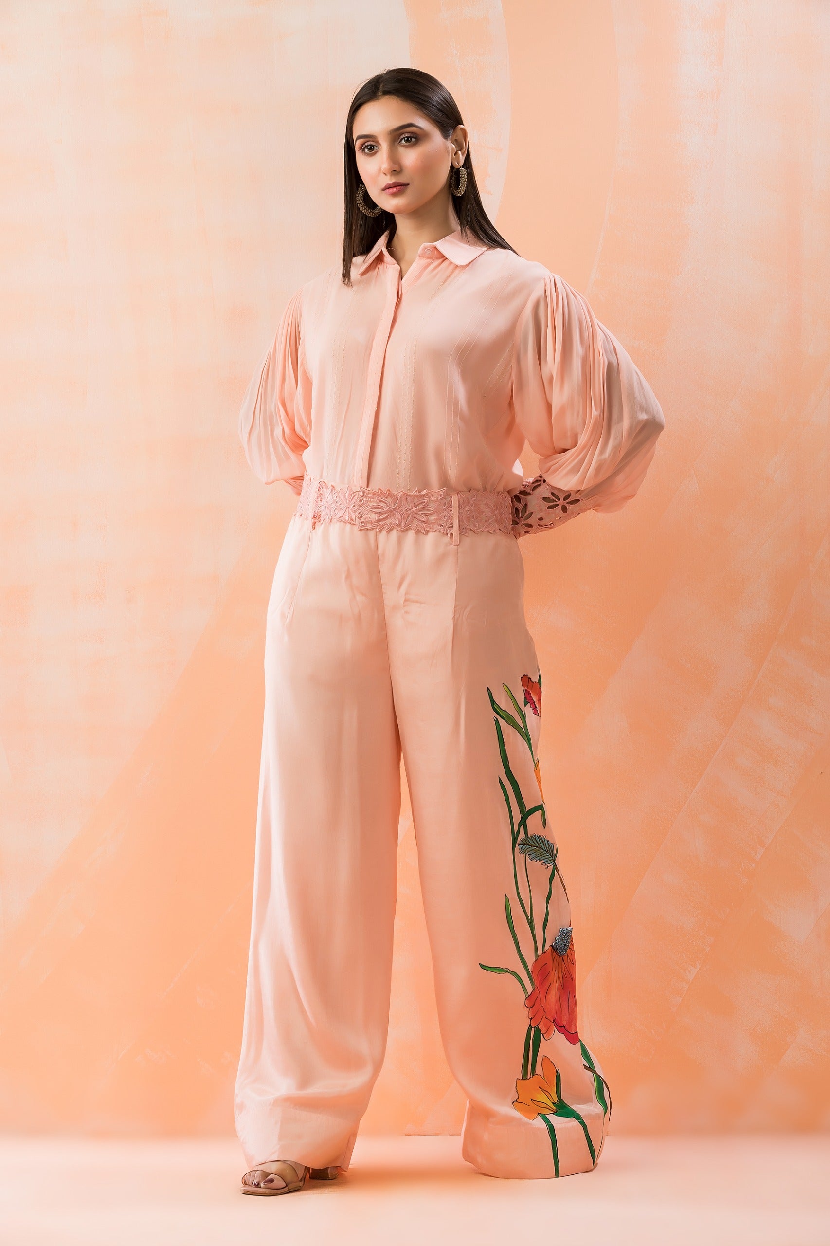 Peach Floral Painted Georgette Silk Co-Ord Set