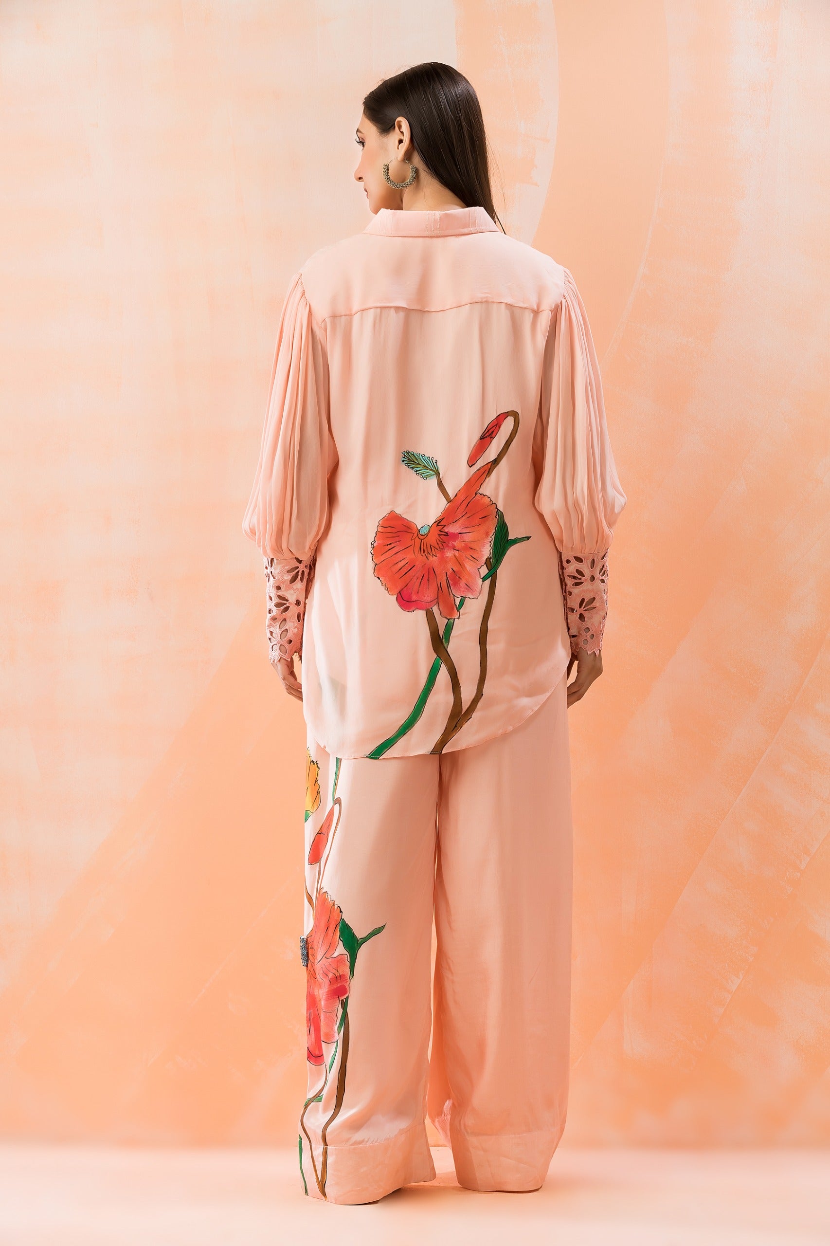 Peach Floral Painted Georgette Silk Co-Ord Set