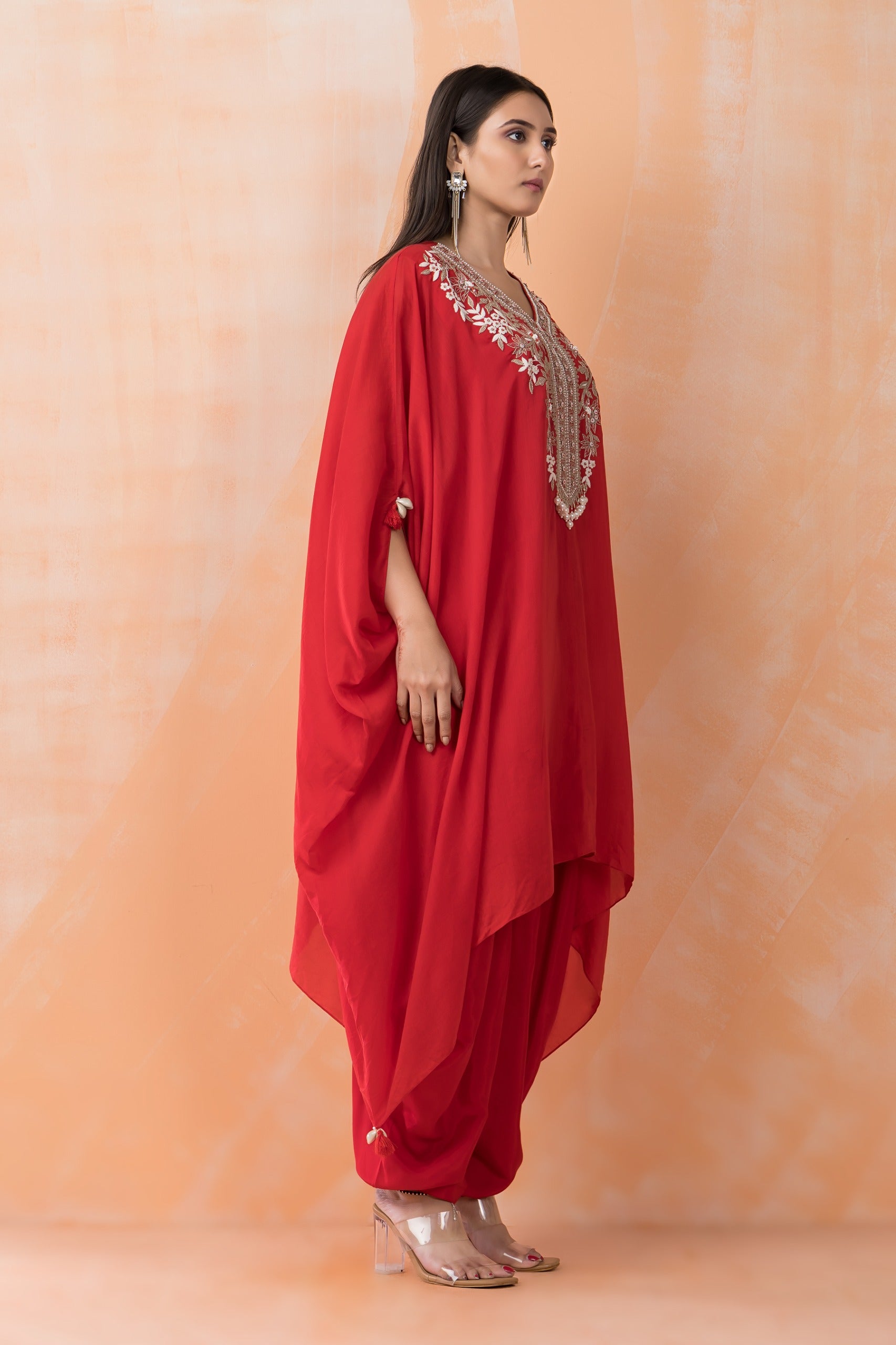 Red Hand Embroidered Muslin Silk Kaftan Set