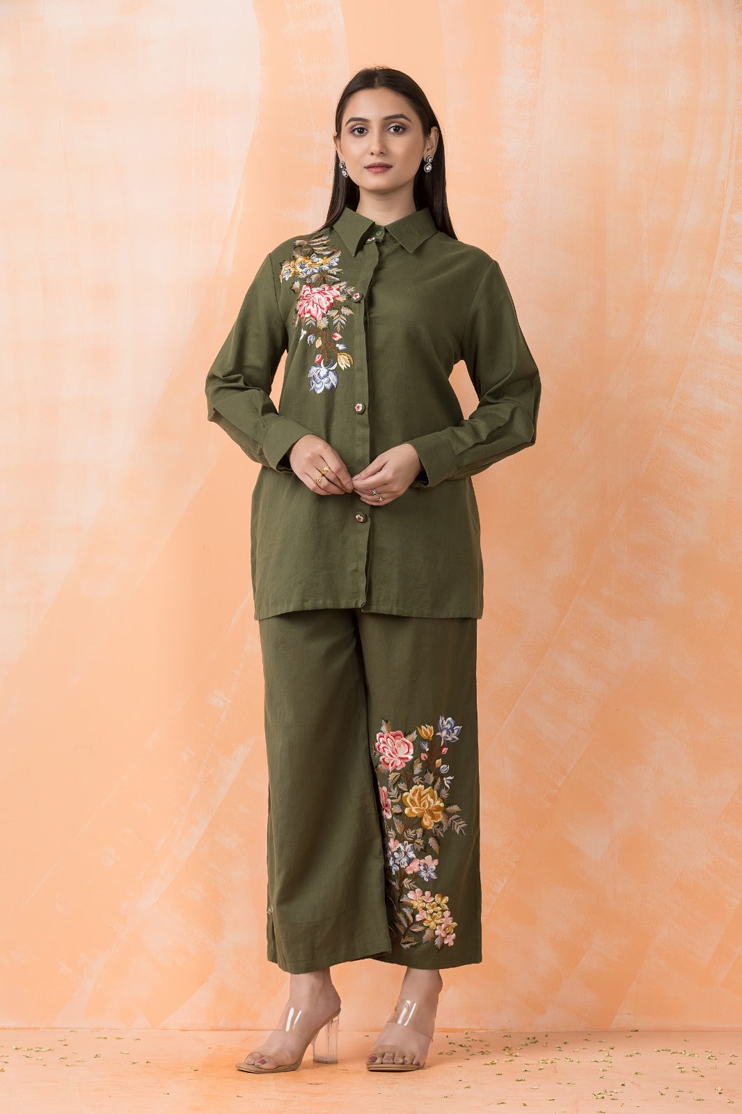 Olive Green Embroidered Rich Cotton Co-Ord Set