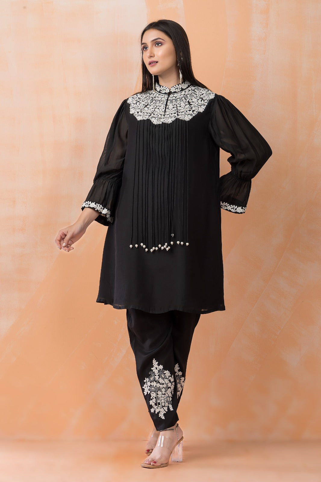 Black Embroidered Muslin Silk Co-Ord Set