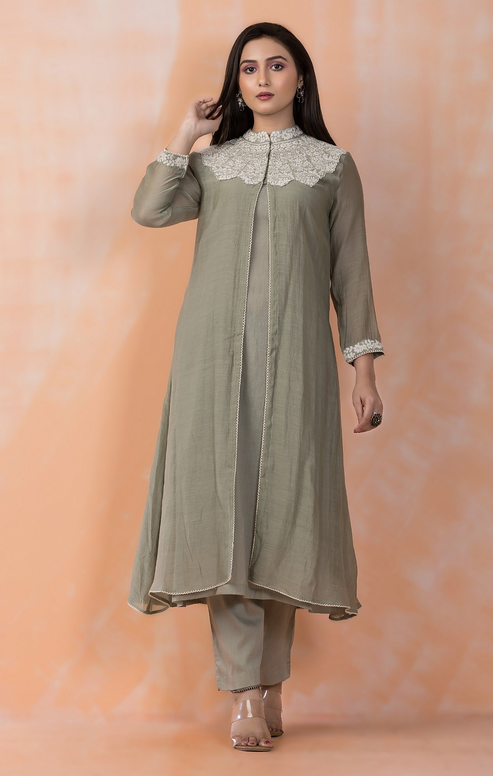Sage Green Embroidered Mul-Chanderi Silk Kurta Set