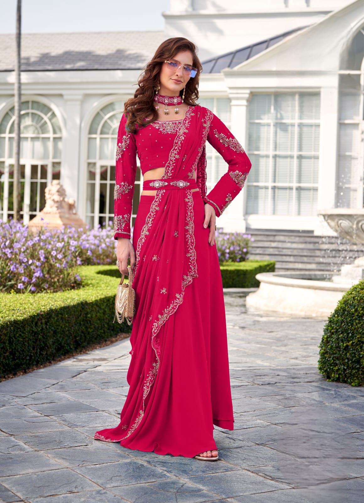 Rani Pink Embellished Saree-Style Skirt Set