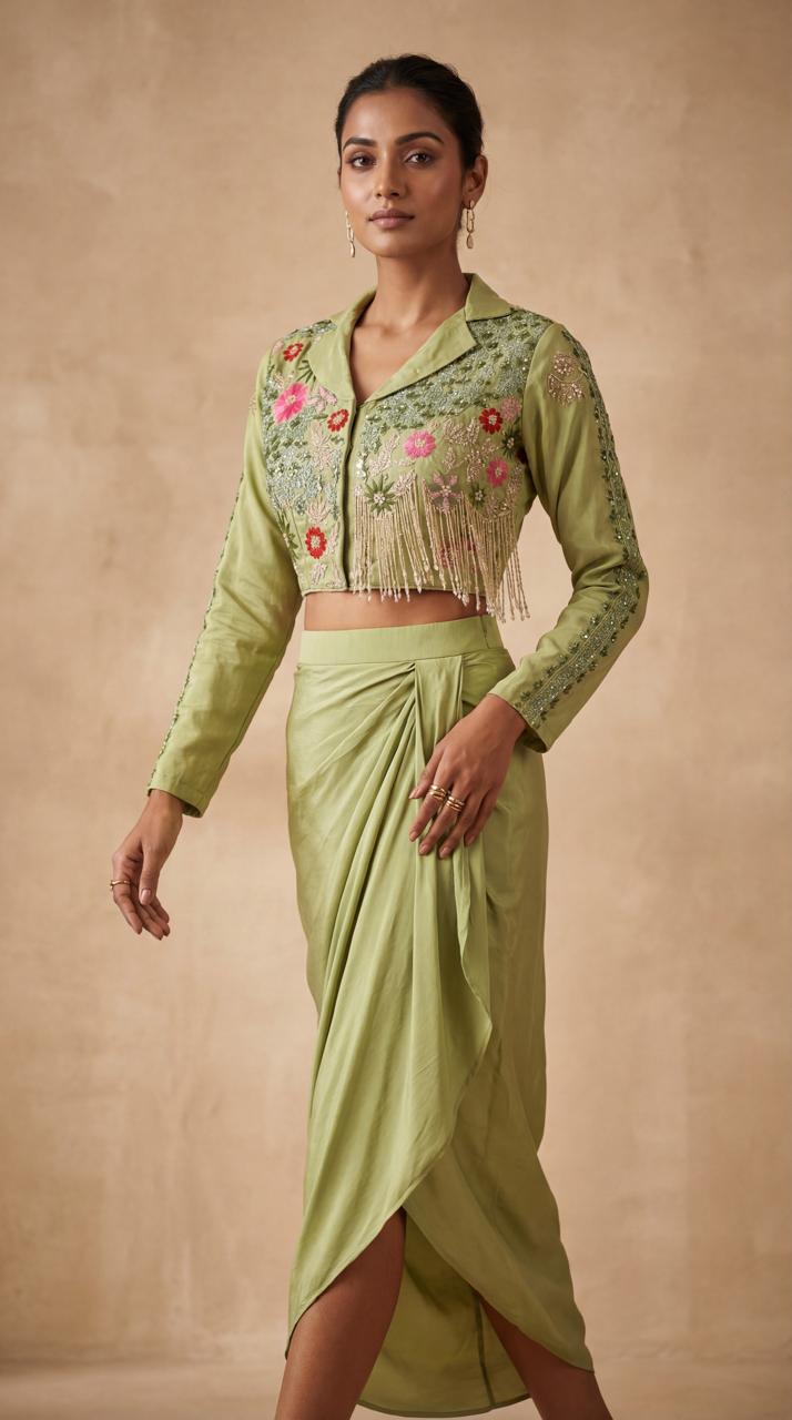 Sage Green Embellished Crepe Silk Skirt Set