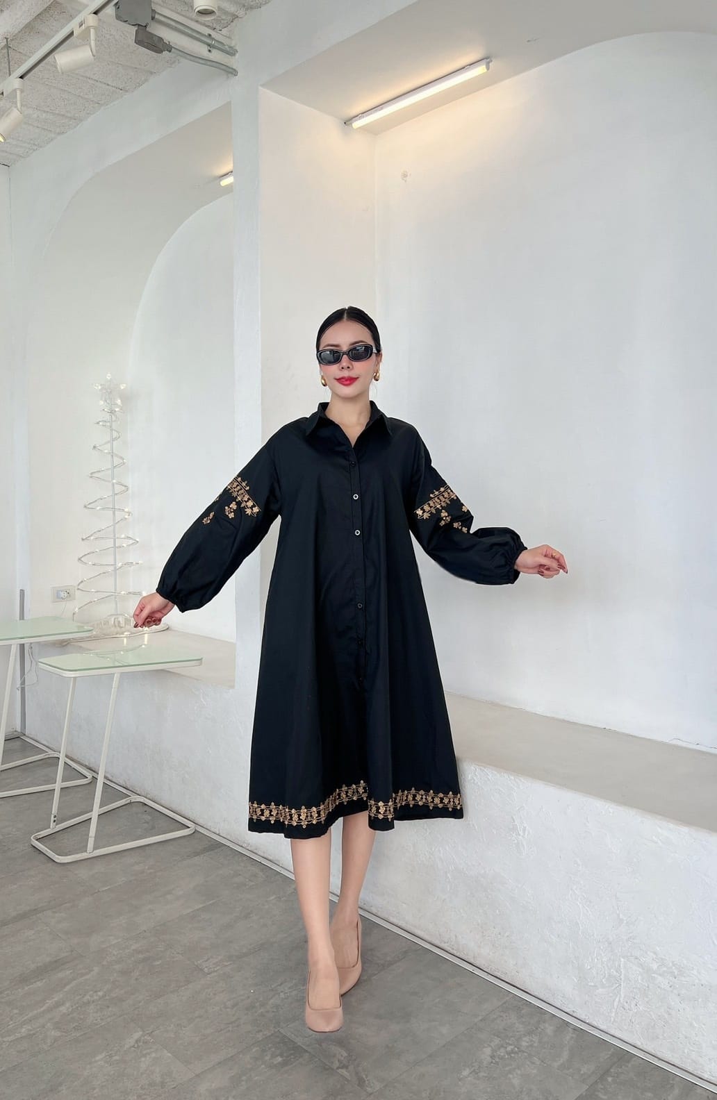 Classic Black Embroidered Cotton Dress