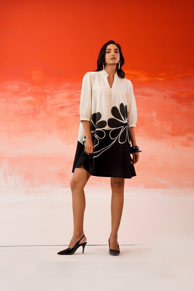 Mist White Hand-Painted Cotton Flared Dress