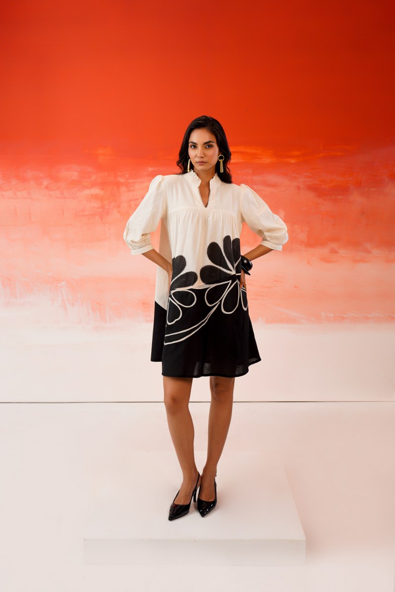 Mist White Hand-Painted Cotton Flared Dress