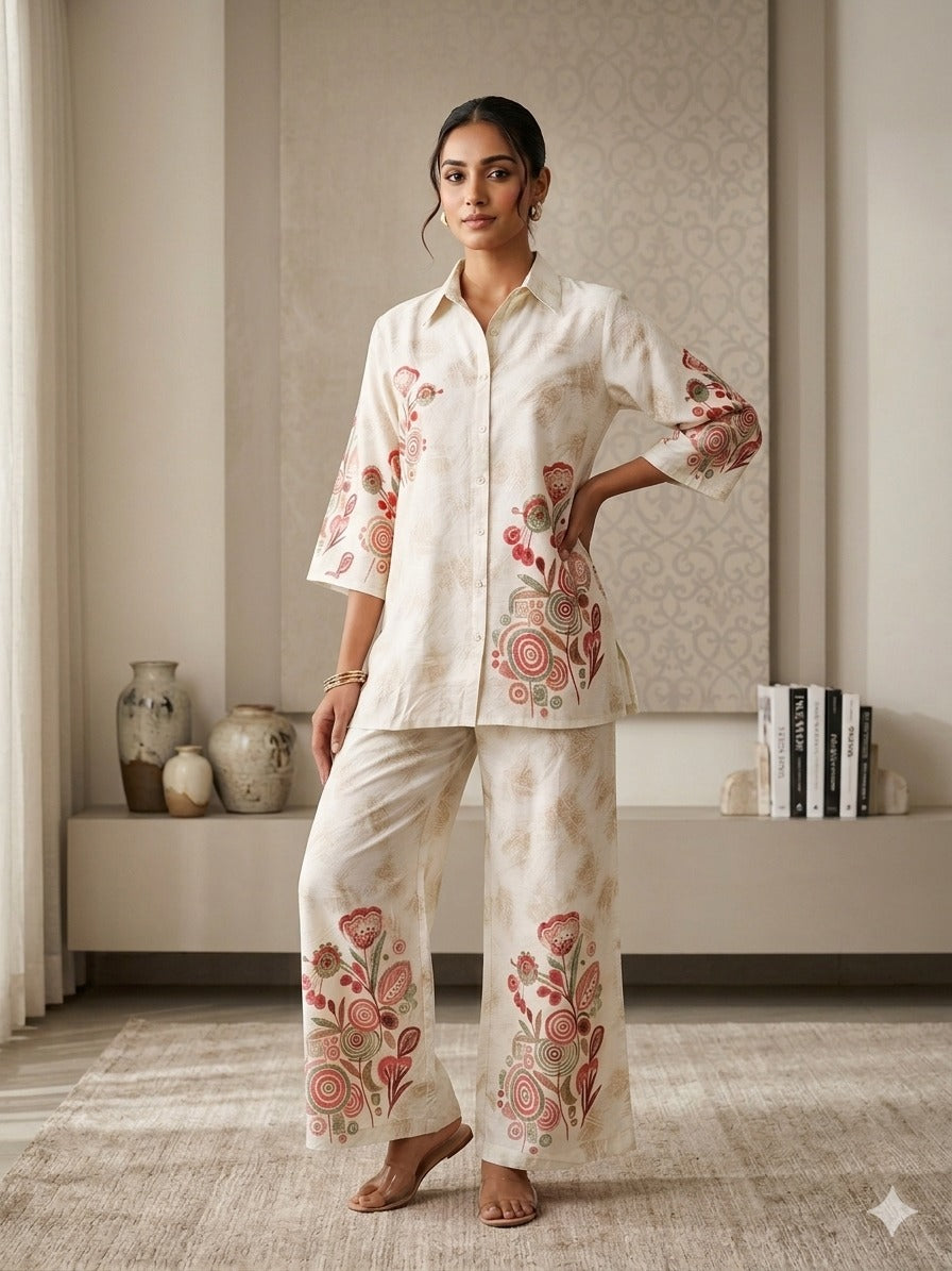 Ivory Bloom Printed Crepe Silk Co-Ord Set
