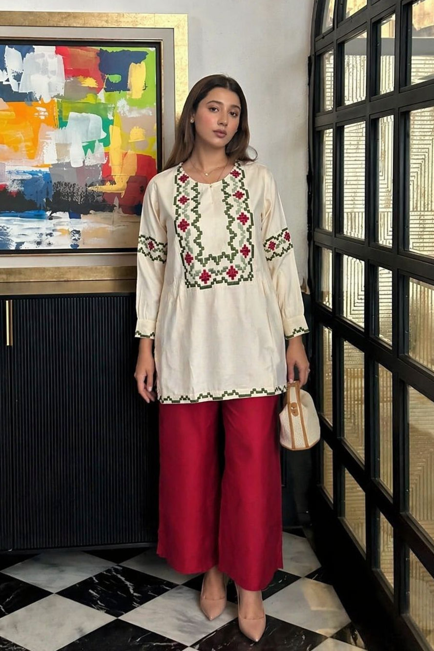 Crimson Blossom Embroidered Cotton Co-Ord Set