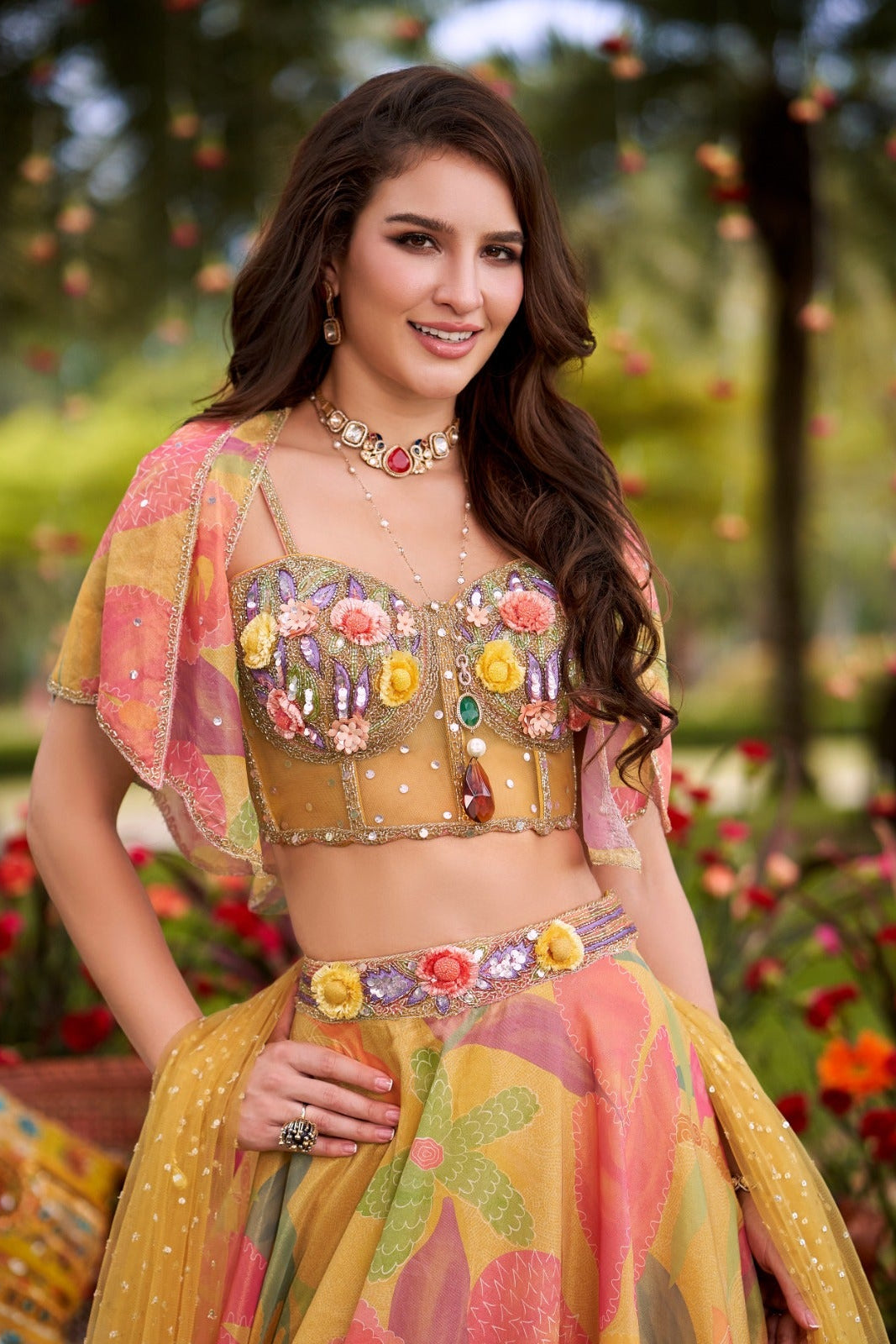 Yellow Embellished Shimmer Organza Silk Lehenga Set