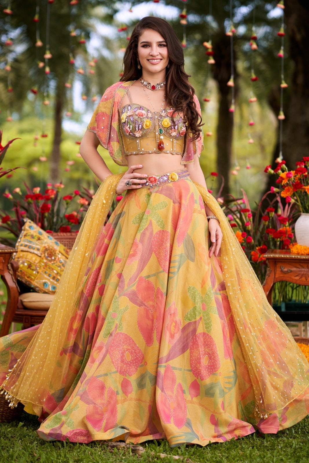 Yellow Embellished Shimmer Organza Silk Lehenga Set