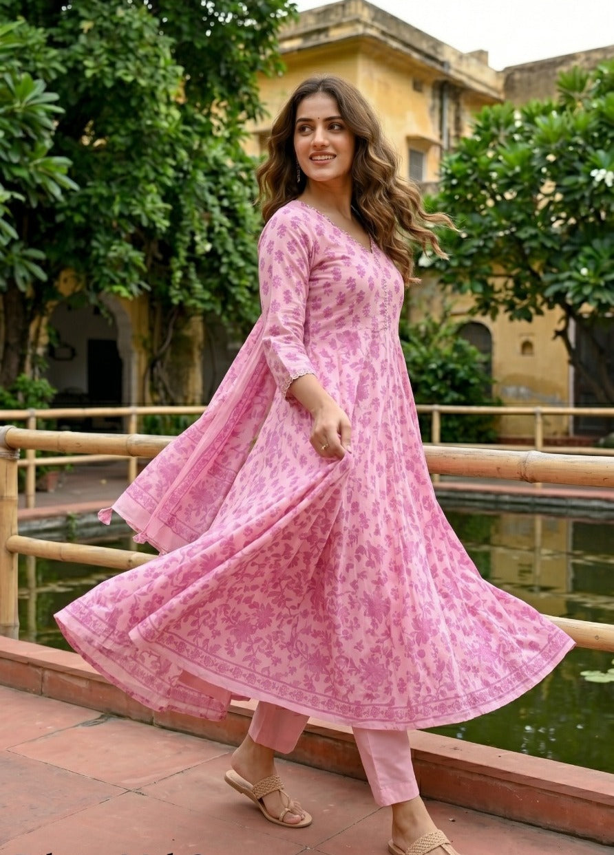 Rose Pink Floral Printed Cotton Pant Set