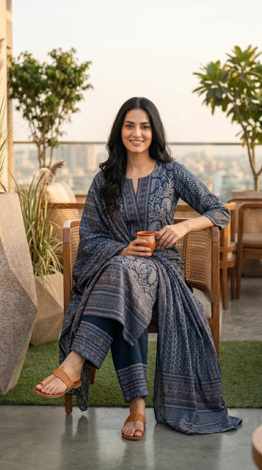 Indigo Blue Printed Crepe Silk Pant Set