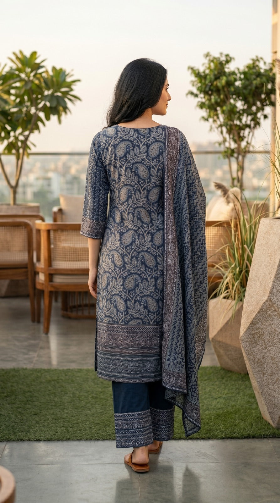 Indigo Blue Printed Crepe Silk Pant Set