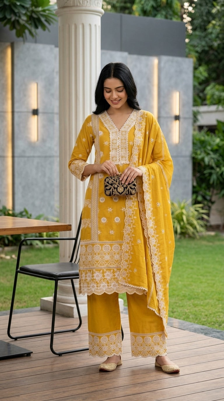 Mustard Meadow Embroidered Cotton Pant Set
