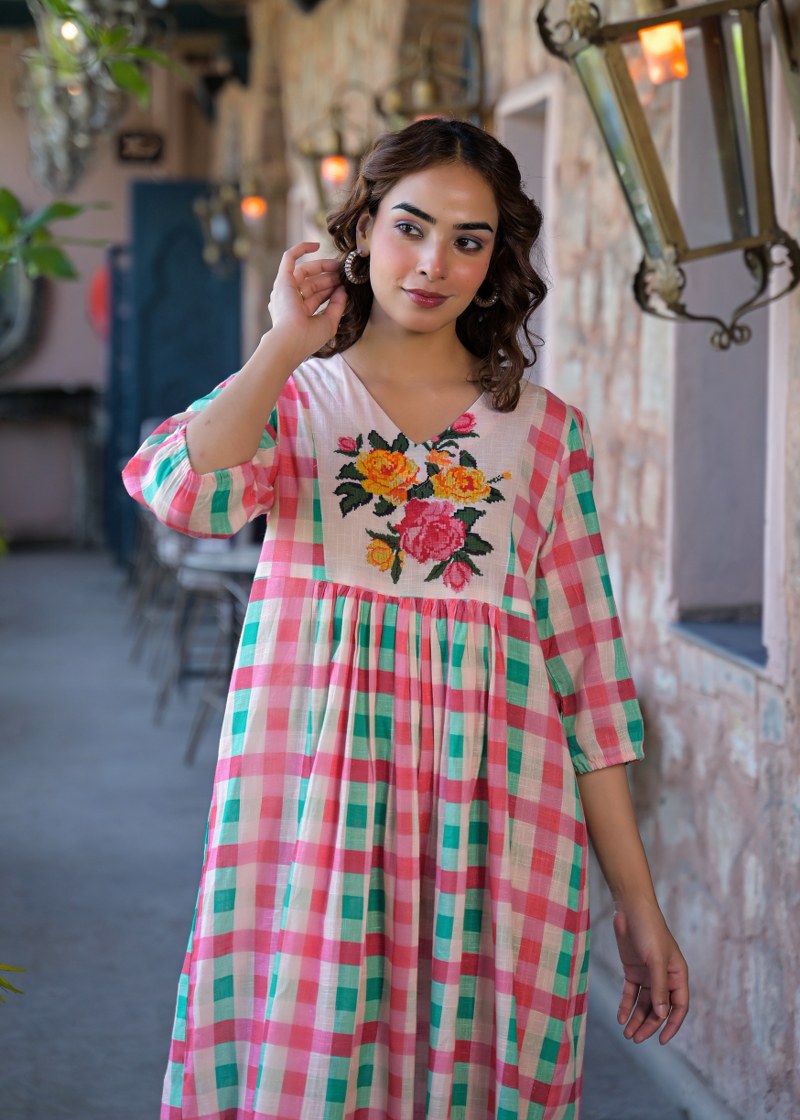 The Strawberry Mint Gingham Floral Cotton Dress