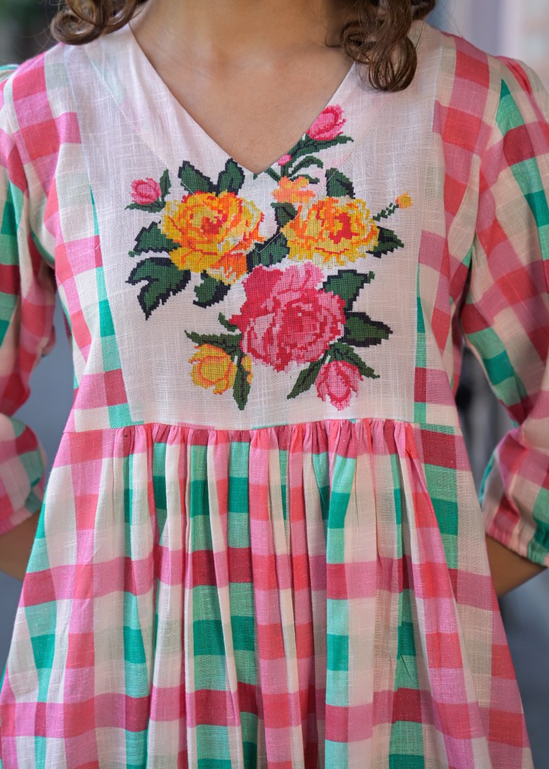 The Strawberry Mint Gingham Floral Cotton Dress