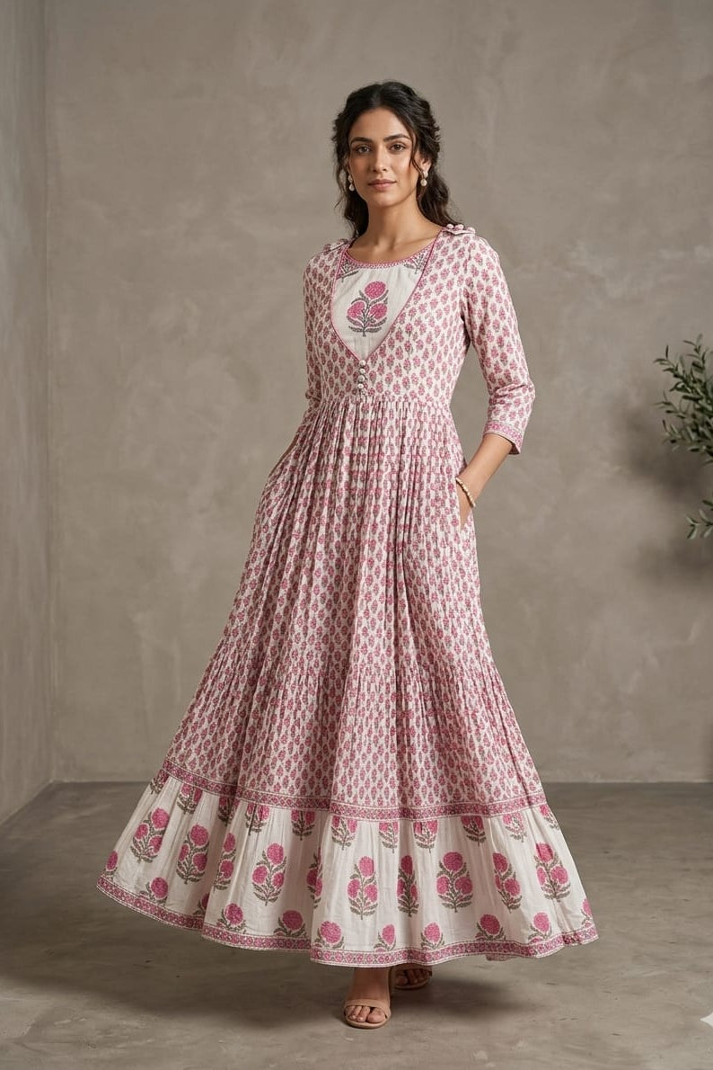 Pink Floral Block Print Cotton Dress