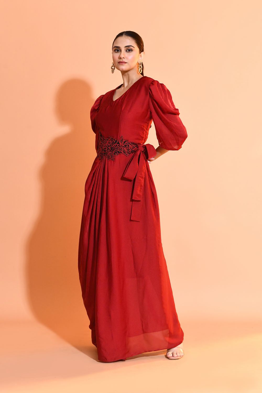 Crimson Embellished Satin Silk Dress