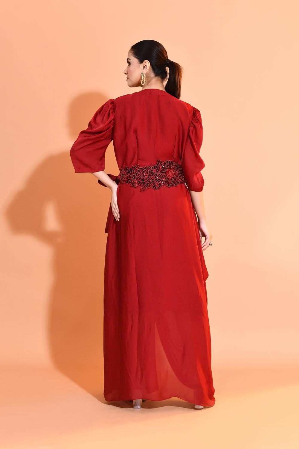 Crimson Embellished Satin Silk Dress
