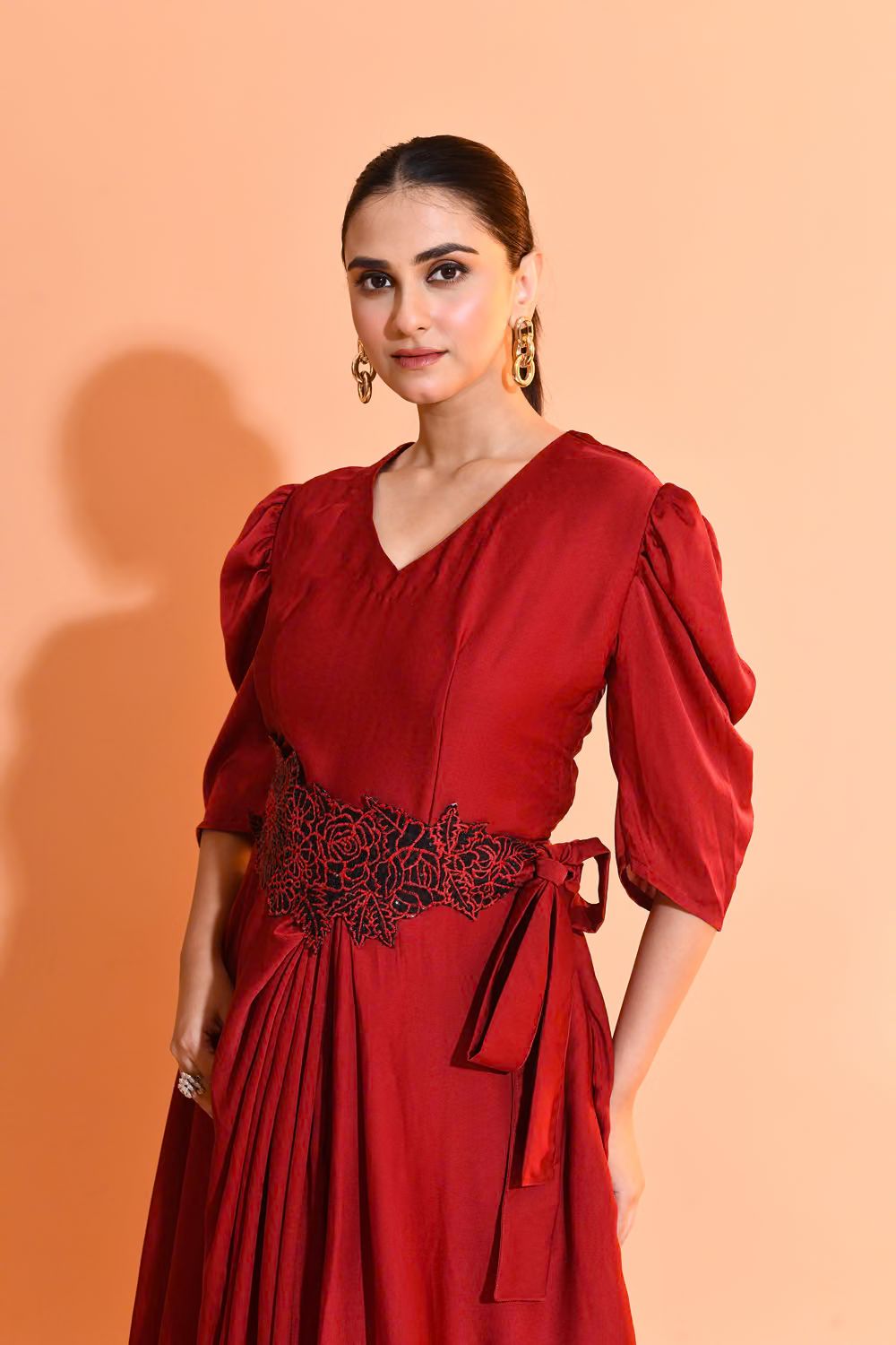 Crimson Embellished Satin Silk Dress