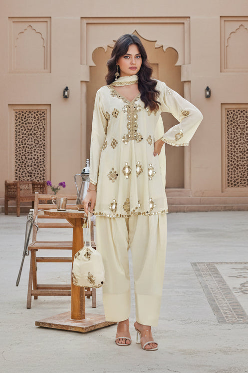 Polar White Embellished Crepe Silk Salwar Set