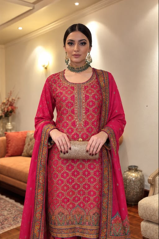 Vibrant Fuchsia Paisley Premium Silk Suit Set