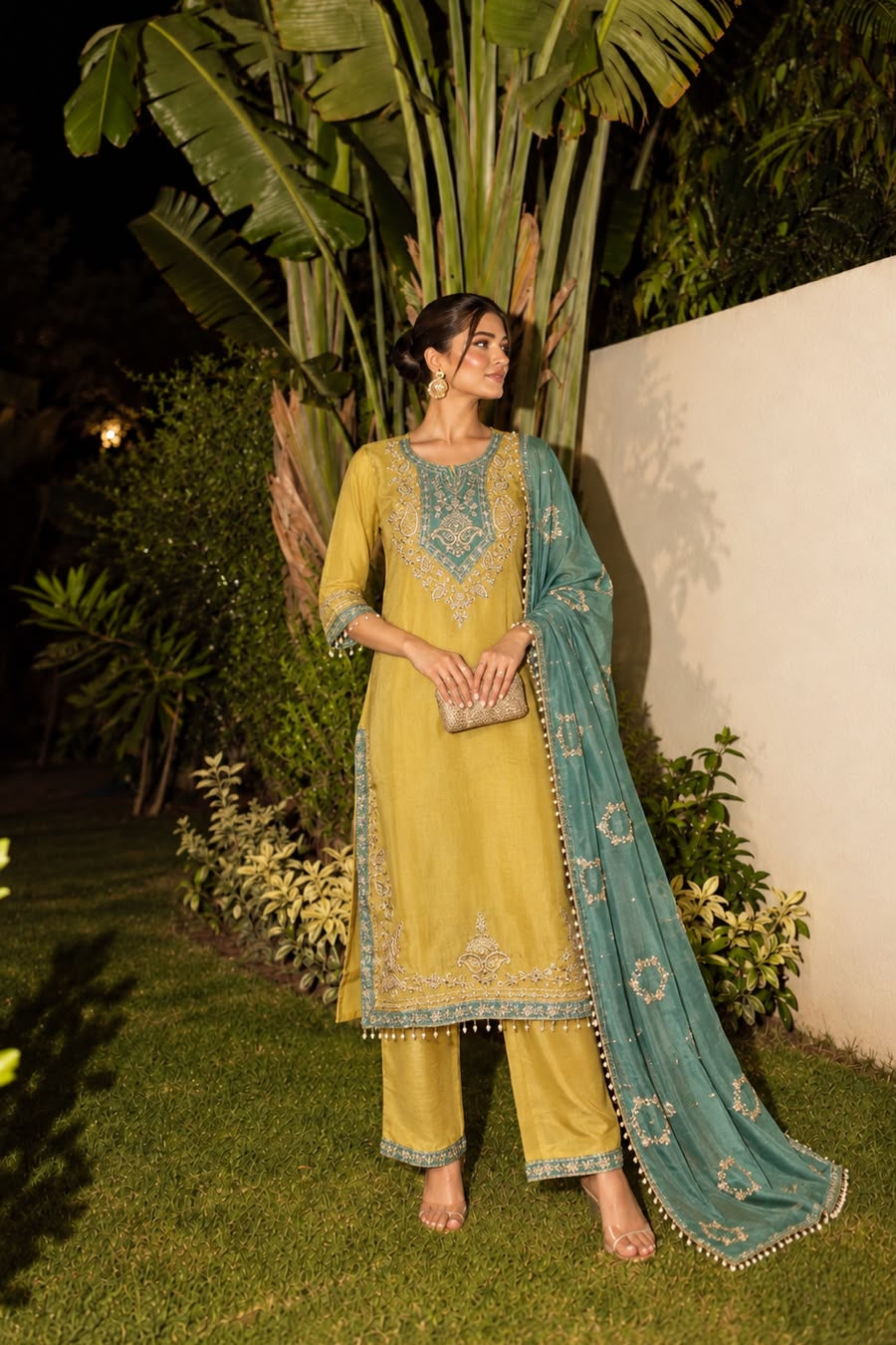 Mustard Yellow Embellished Tissue Silk Pant Set