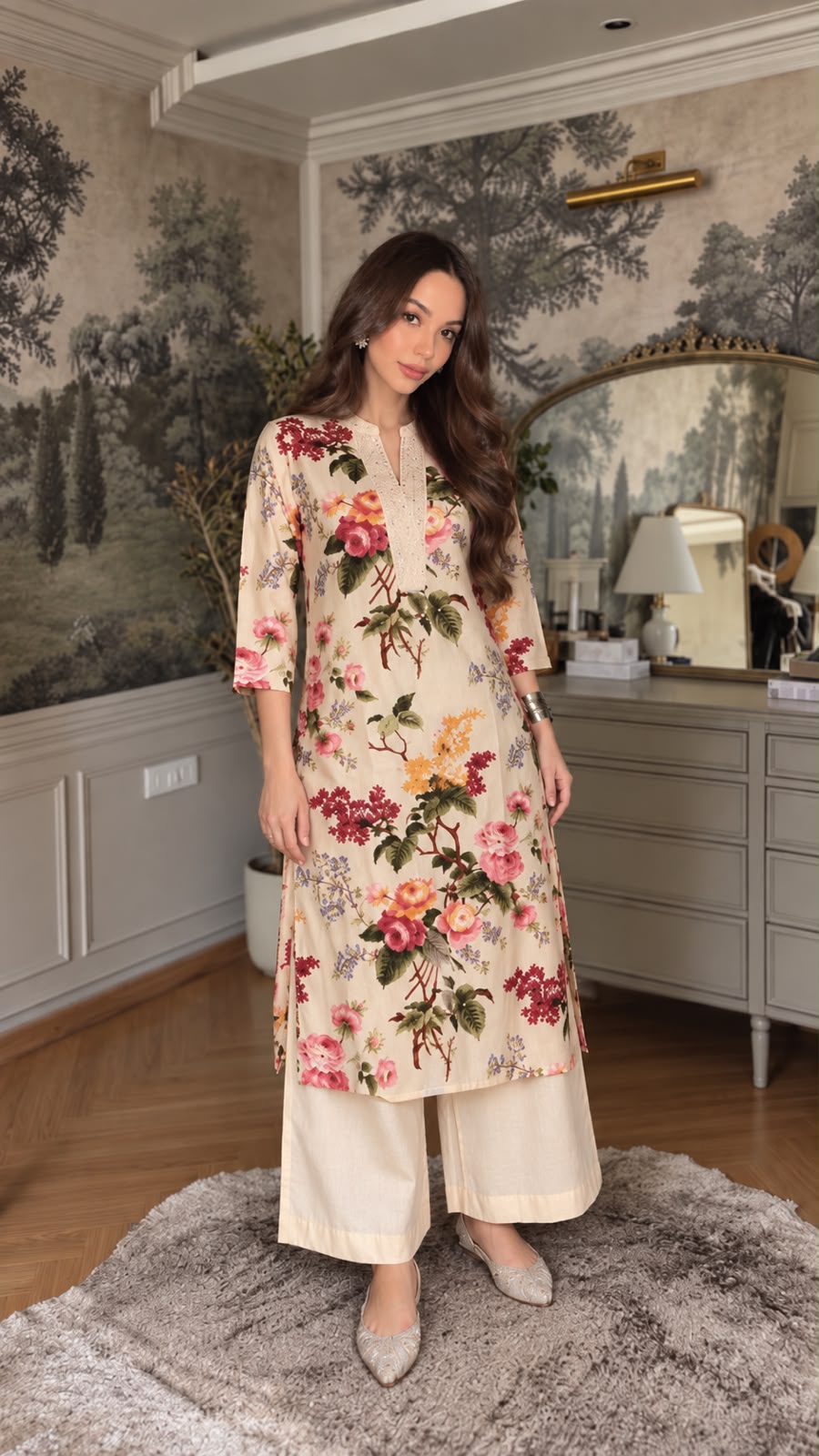 Cream Floral Printed Cotton Kurta Set