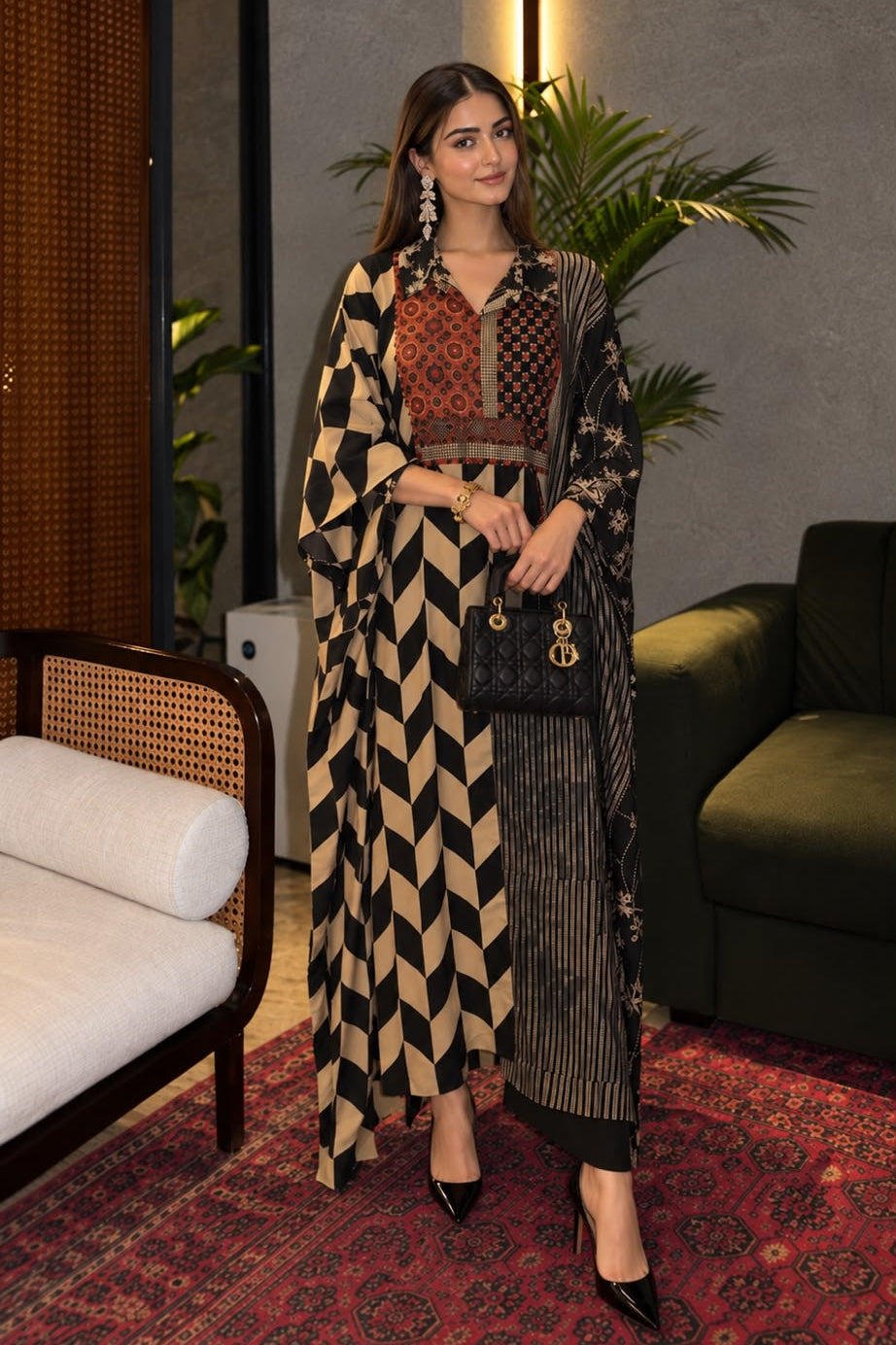 Black Printed Cotton Kaftan Set