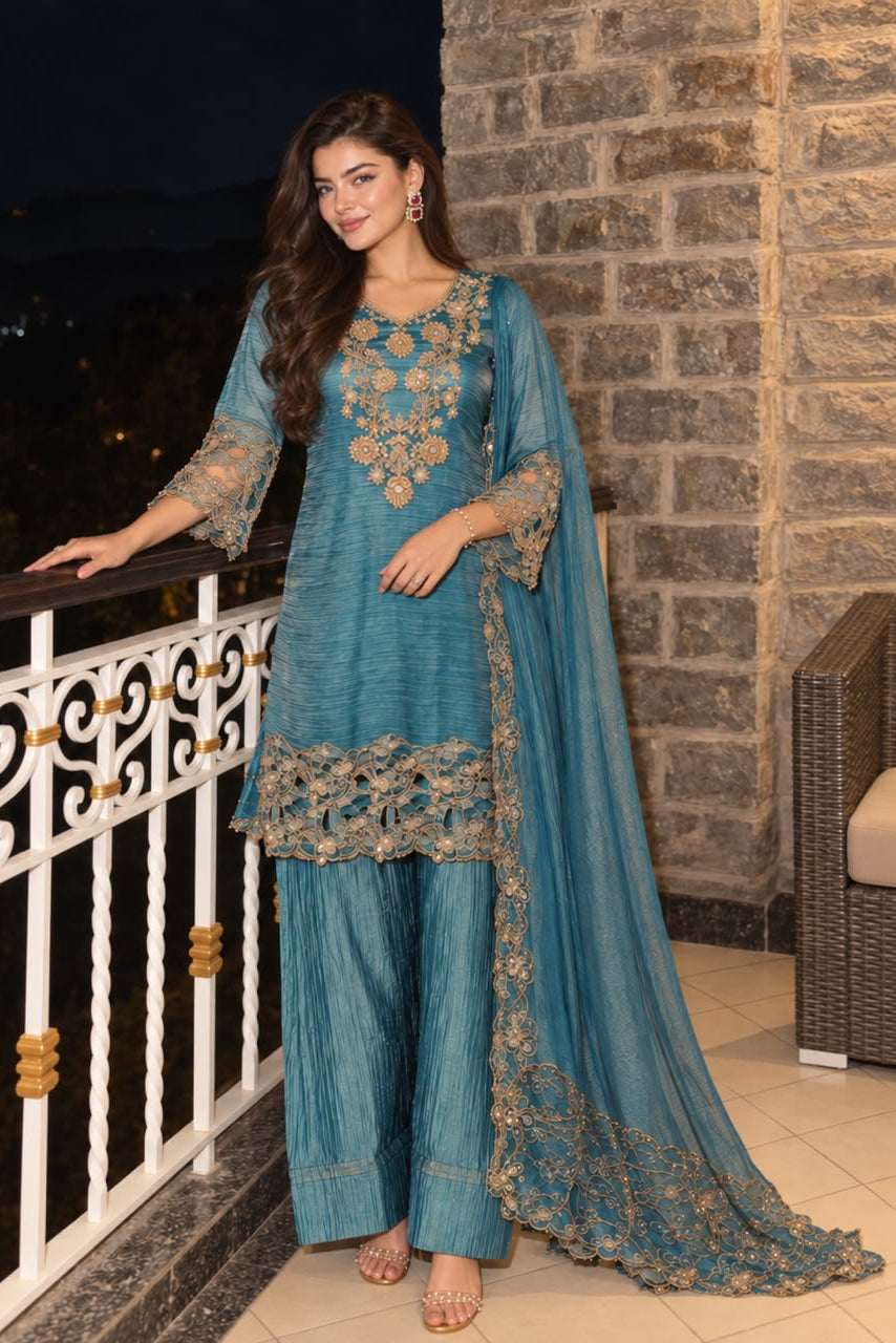 Ocean Blue Embellished Shimmer Tissue Silk Pant Set