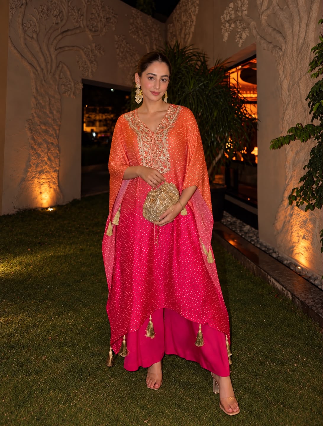 Pink & Orange Ombre Embellished Satin Silk Kaftan Set