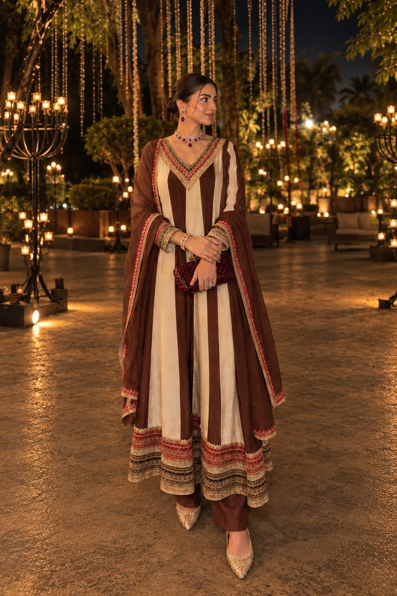 Chocolate Ivory Embellished Pure Crepe Silk Anarkali Set