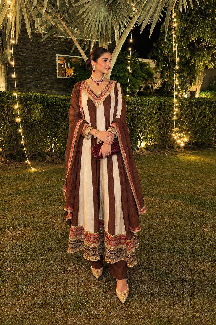 Chocolate Ivory Embellished Pure Crepe Silk Anarkali Set