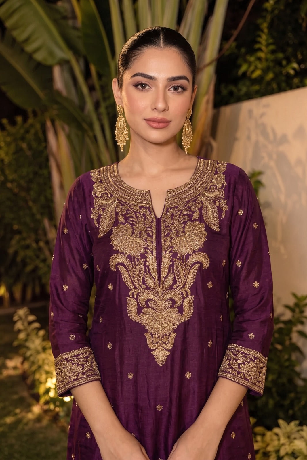 Deep Plum Embellished Chinon Silk Palazzo Set