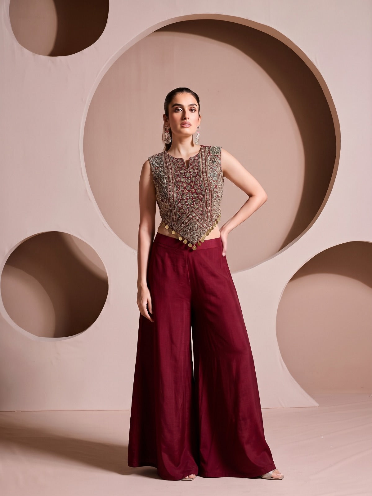 Garnet Red Embellished Crepe Silk Palazzo Set