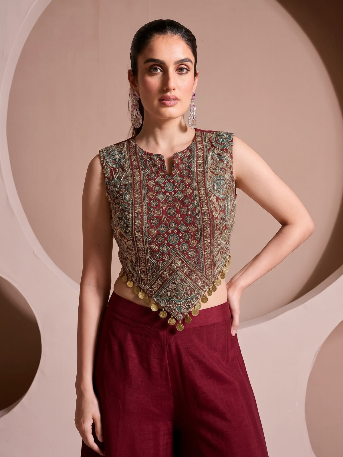 Garnet Red Embellished Crepe Silk Palazzo Set