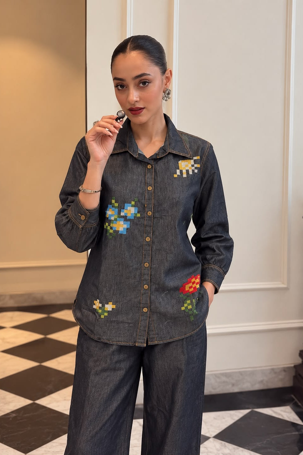 Chic Grey Embroidered Denim Co-ord Set