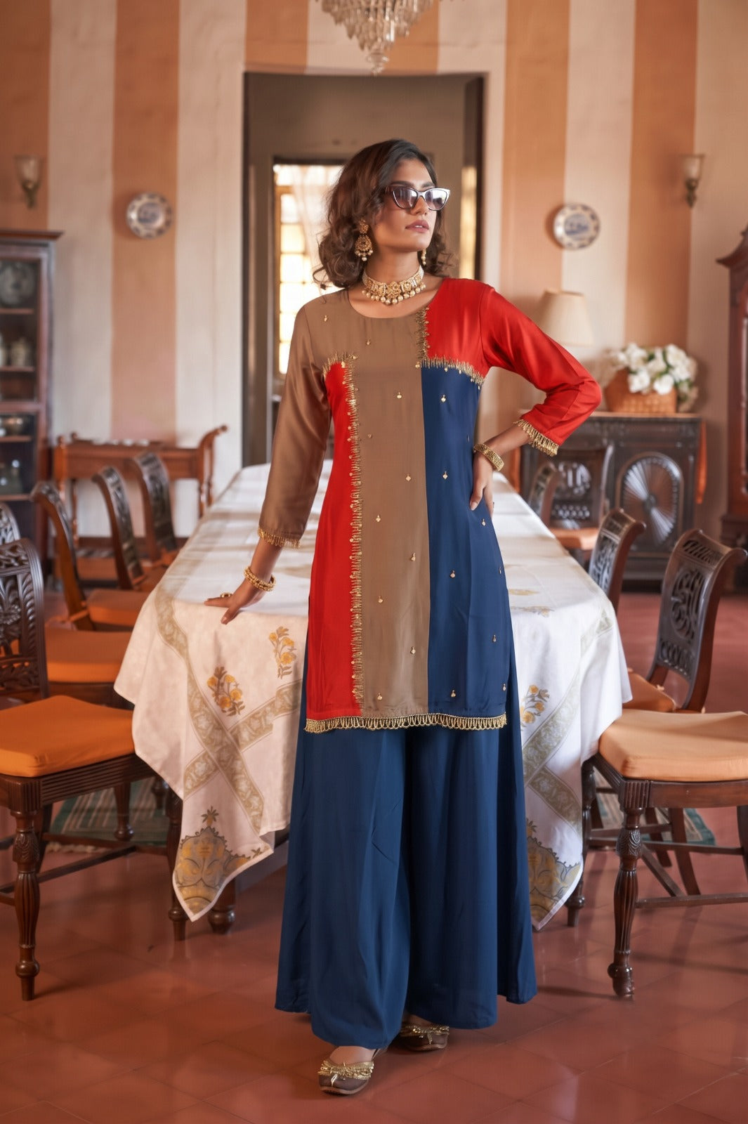 Multi-color Deep Blue Embellished Silk Palazzo Set
