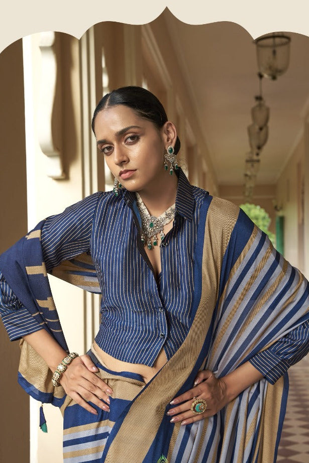 Royal Blue Printed Crepe Silk Saree