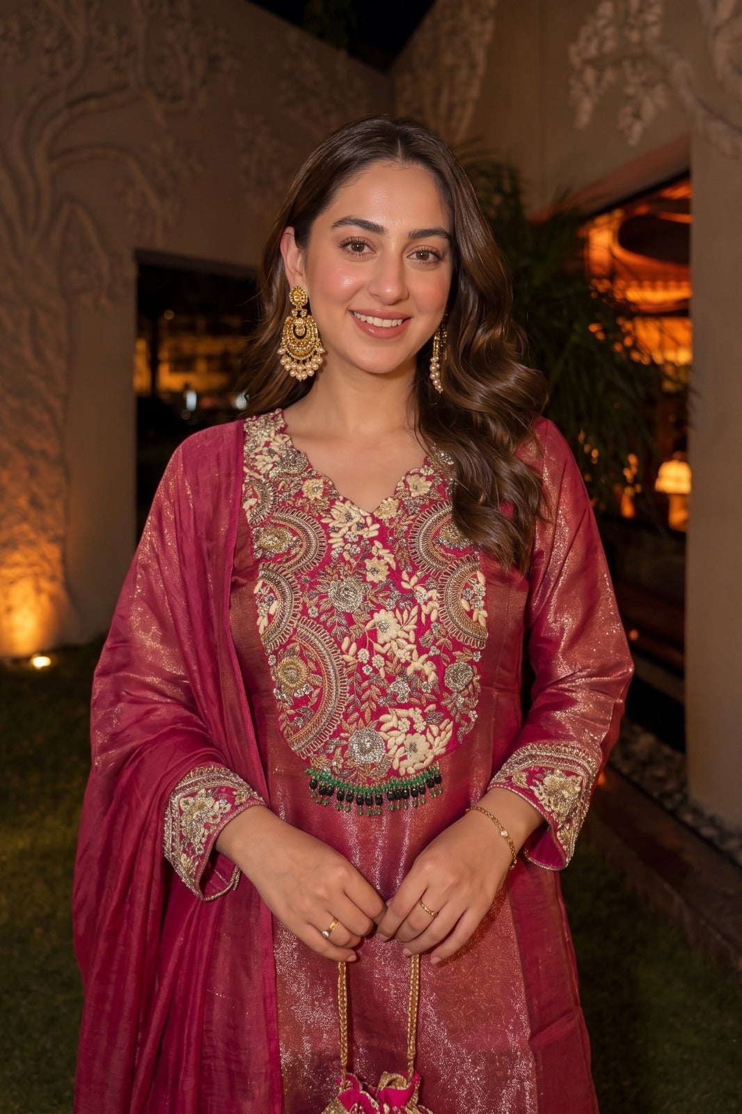 Rani Pink Embellished Shimmer Silk Palazzo Set
