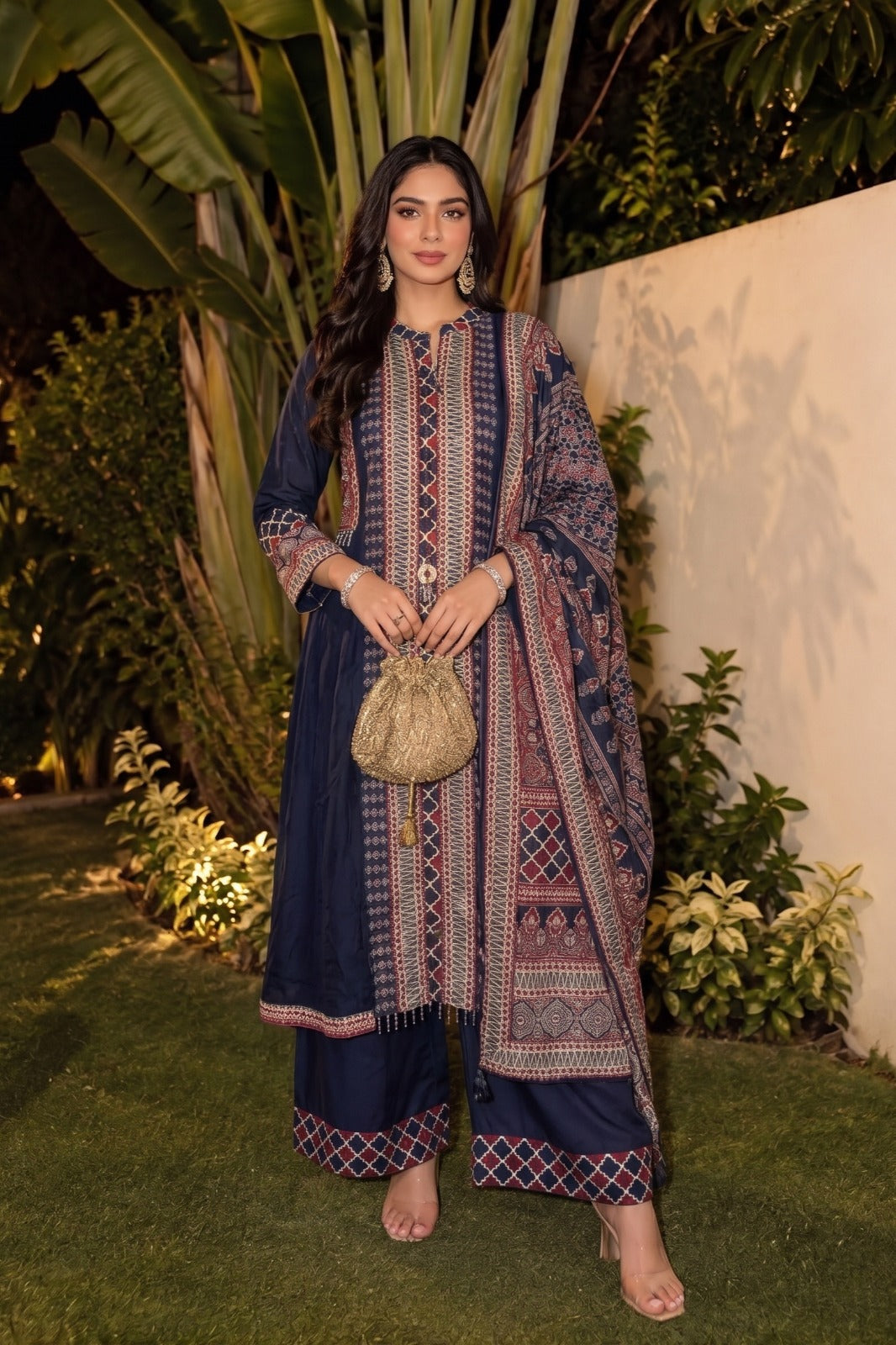 Midnight Navy Embellished Crepe  Silk Anarkali Set