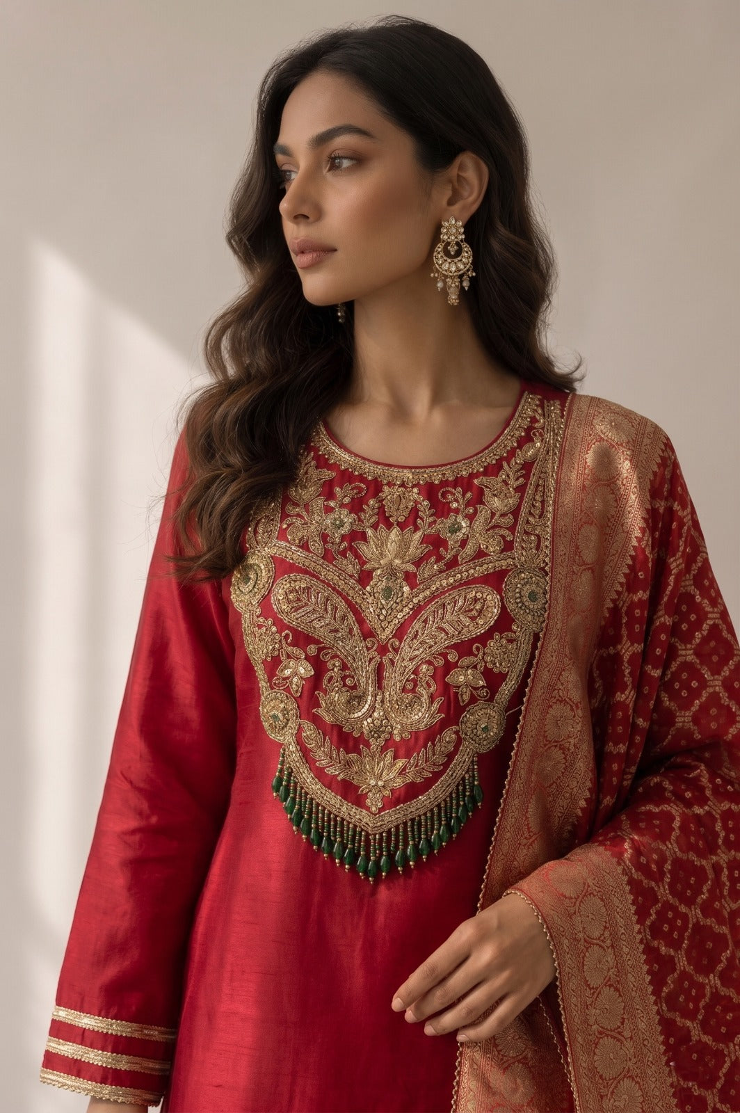 Red Embellished Raw Silk Palazzo Set