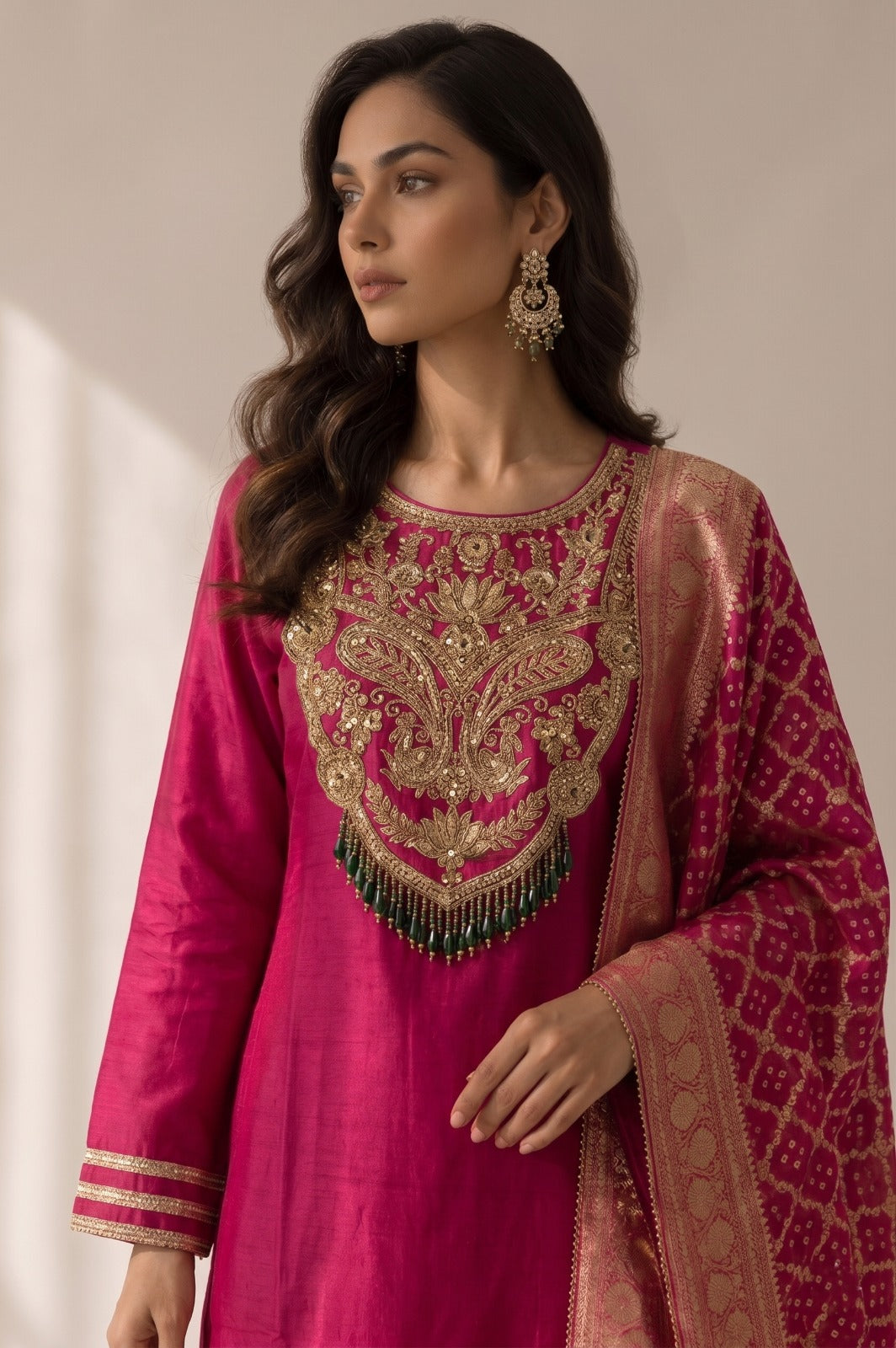 Rani Pink Embellished Raw Silk Palazzo Set